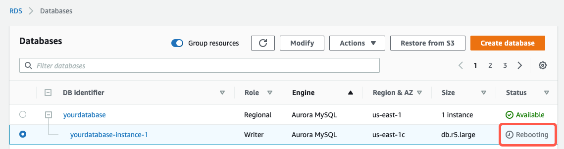 Aurora-RDS-MYSQL-ConfigureBinlog-140-Rebooting