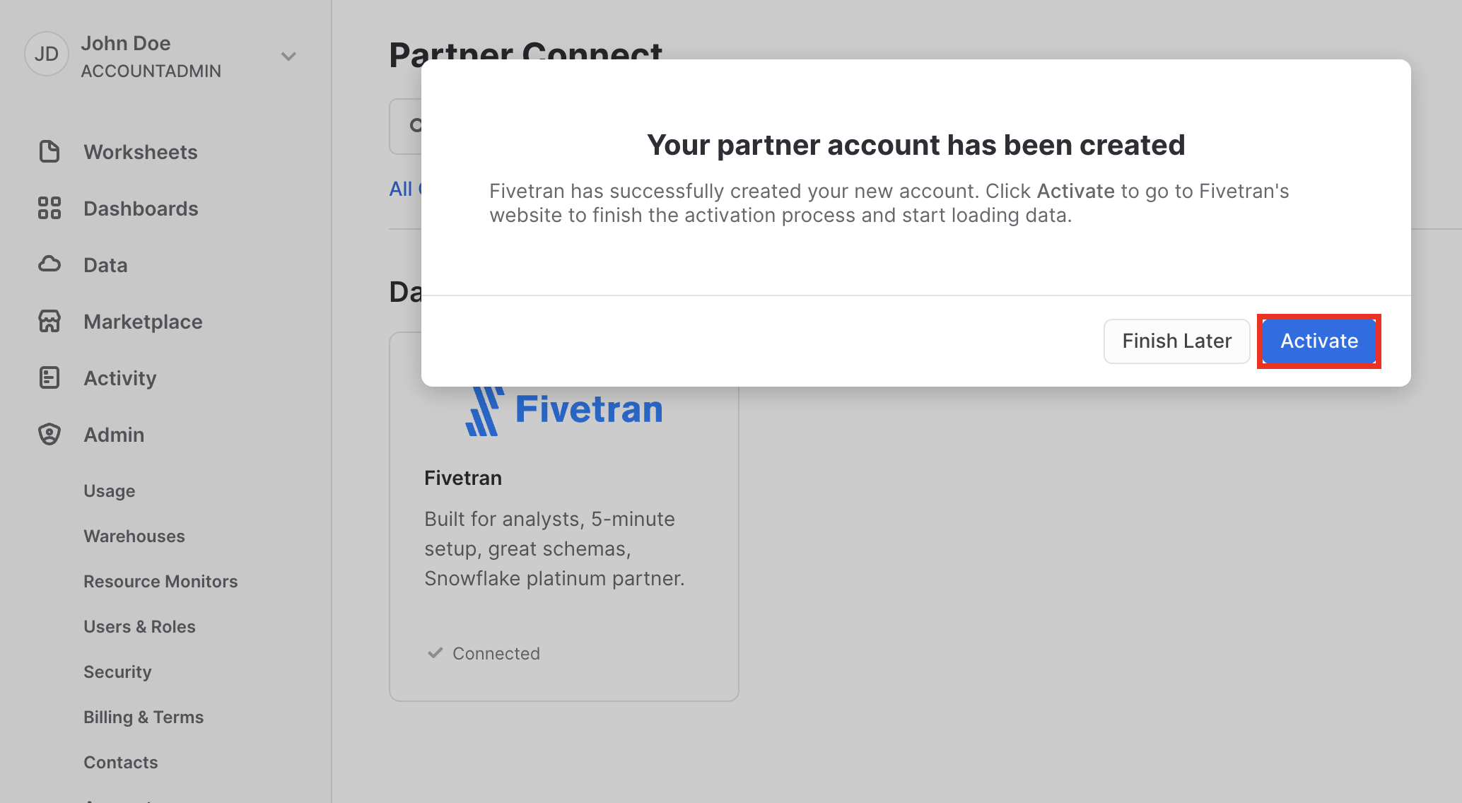 Activate Fivetran partner account
