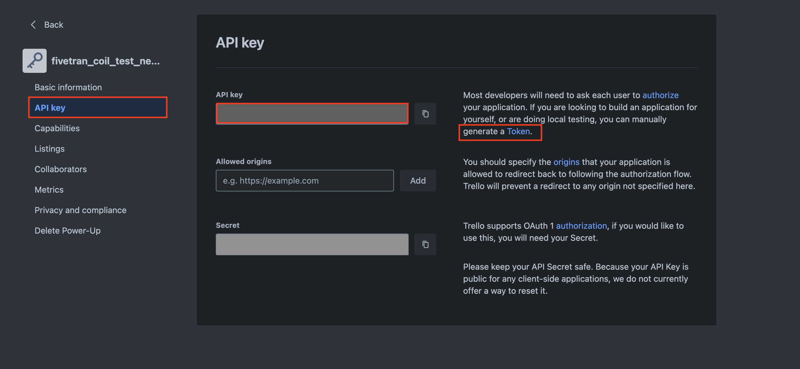 API key dashboard