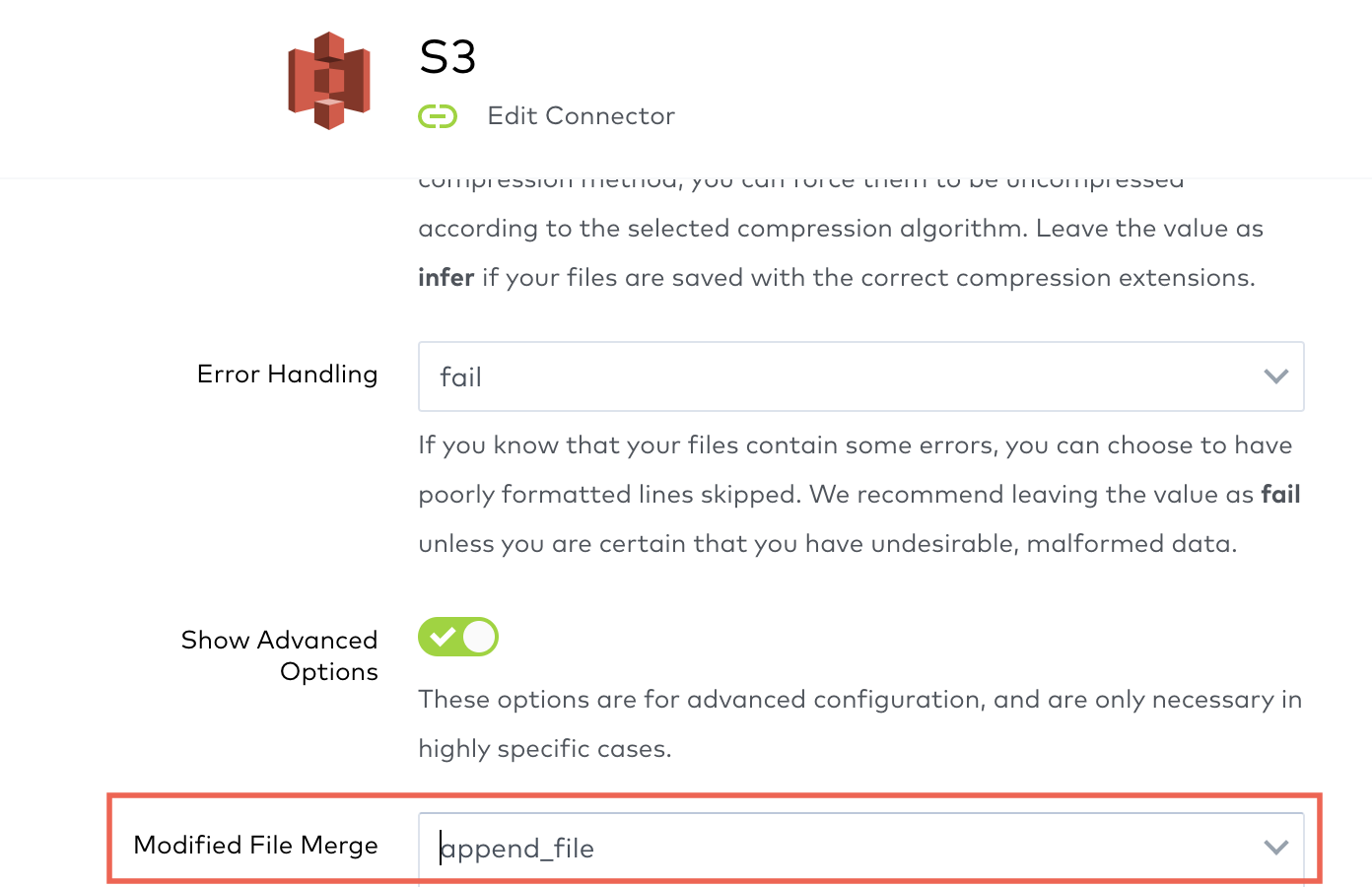 Set the Modified File Merge value to upsert file