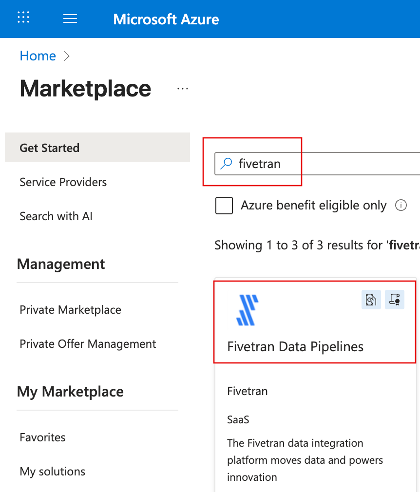 Azure finding Fivetran in themarketplace