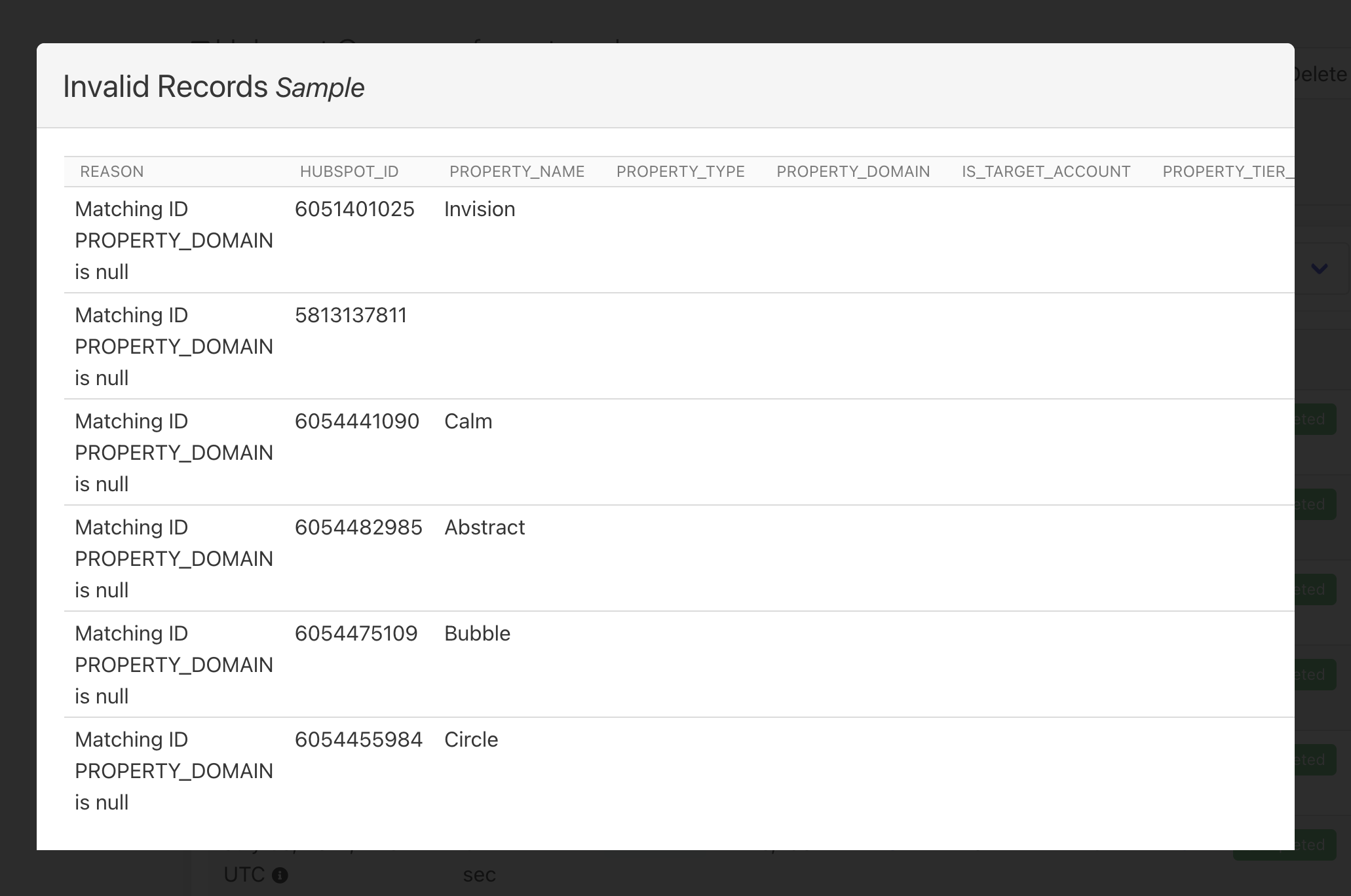 Invalid Records Sample dialog listing six records, each with the reason Matching ID PROPERTY_DOMAIN is null.