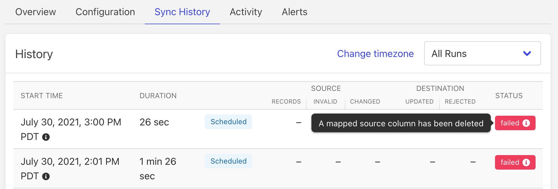 Sync History tab showing two failed scheduled sync runs, with a tooltip on the first run that reads A mapped source column has been deleted.