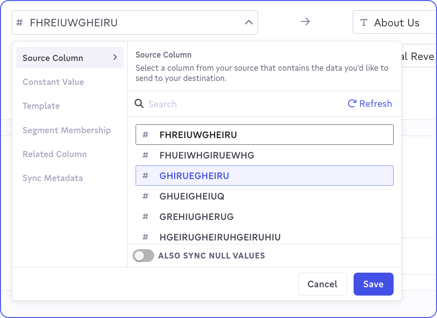 Source field editor with the Source Column tab open, showing a searchable list of source columns and an Also Sync Null Values toggle turned off.