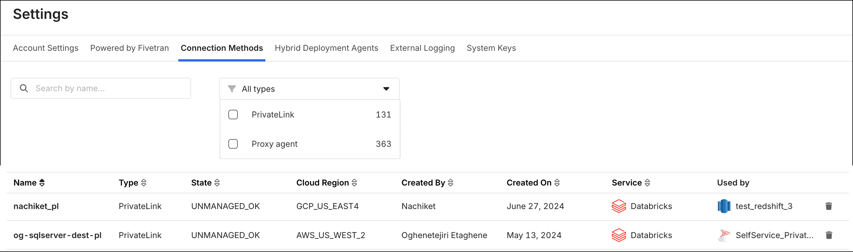 Connection Methods tab