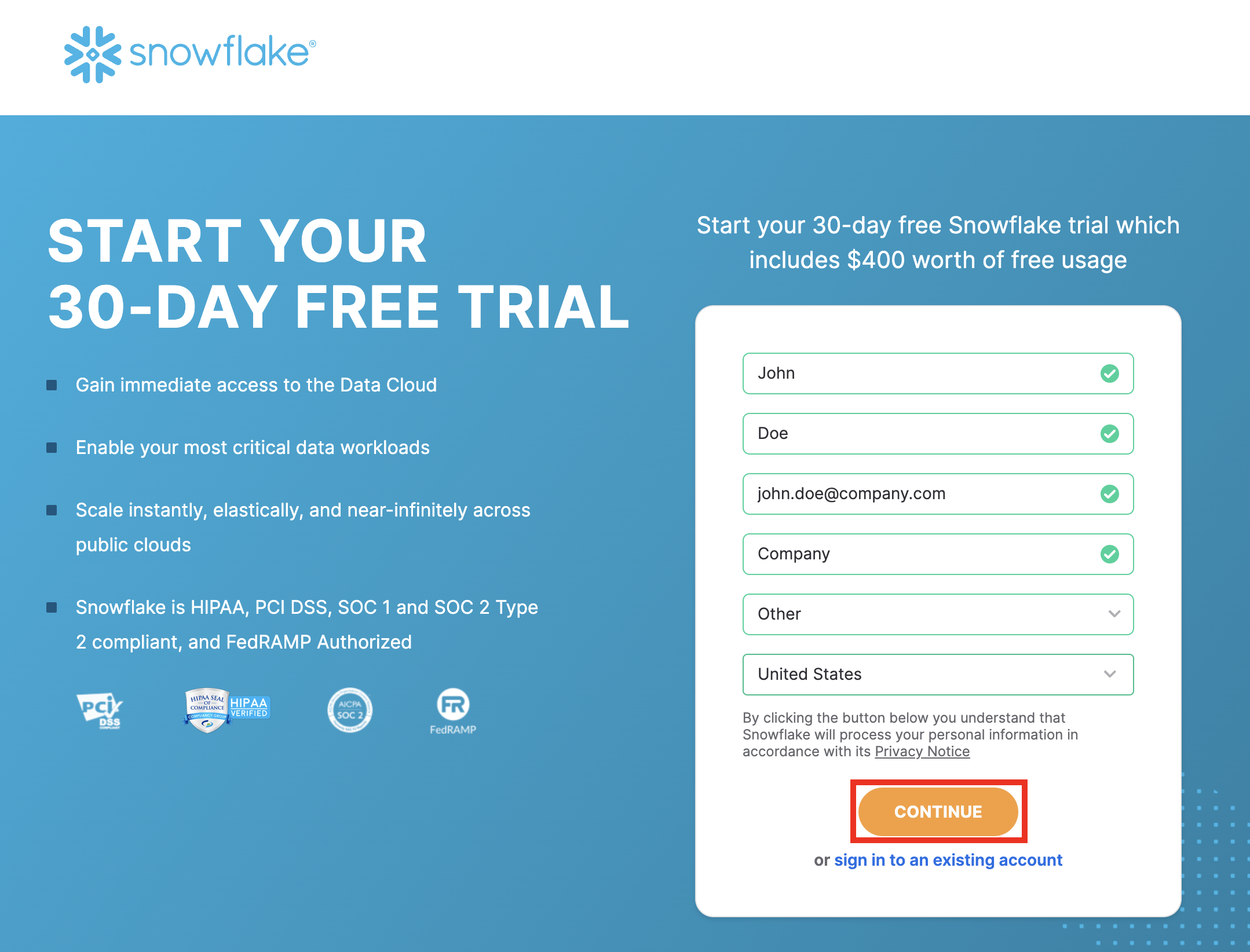 Enter user credentials for Snowflake trial account