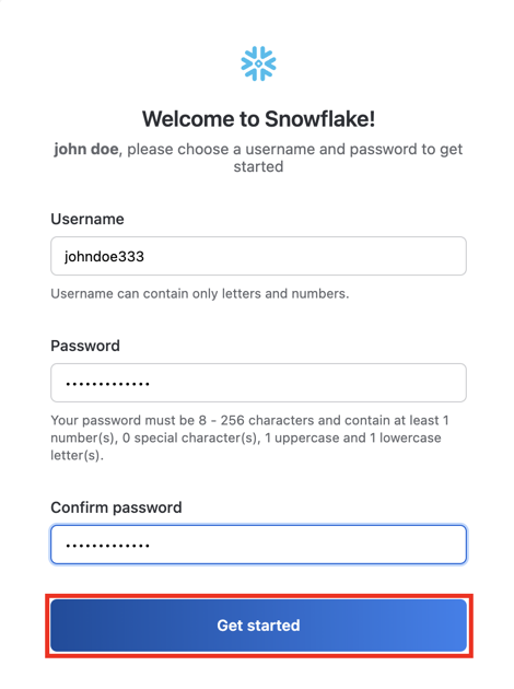 Enter username and password for Snowflake trial account