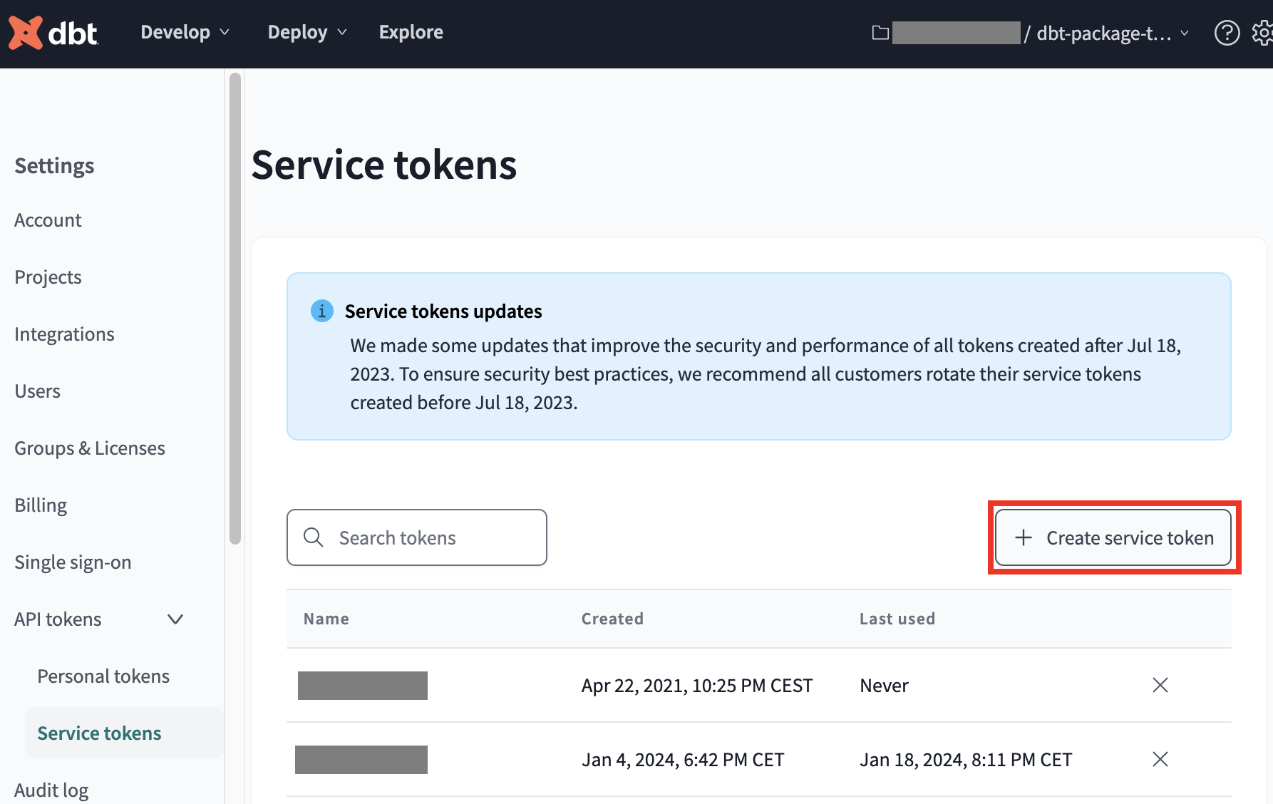 Click create service tokens