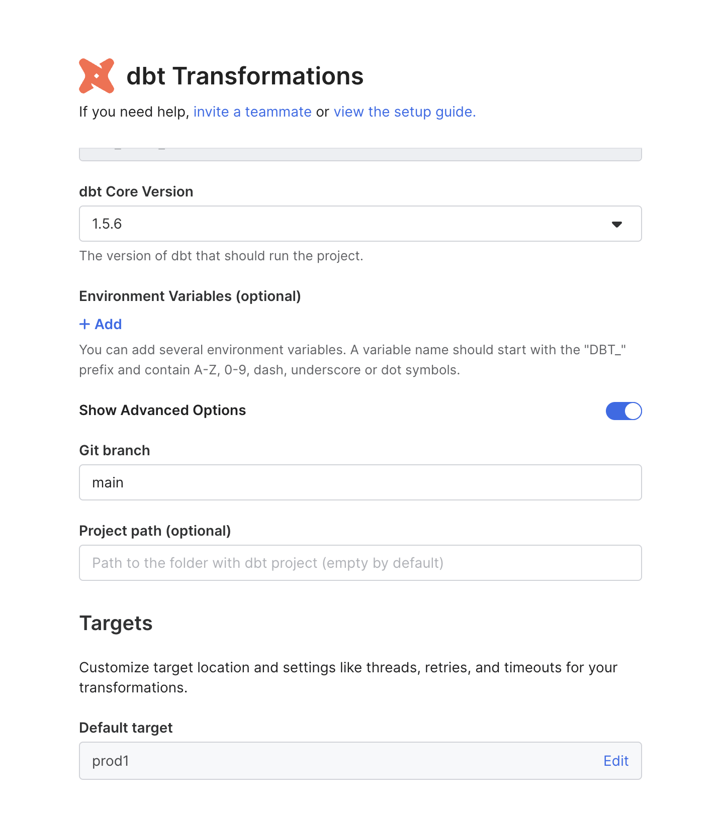 dbt setup form