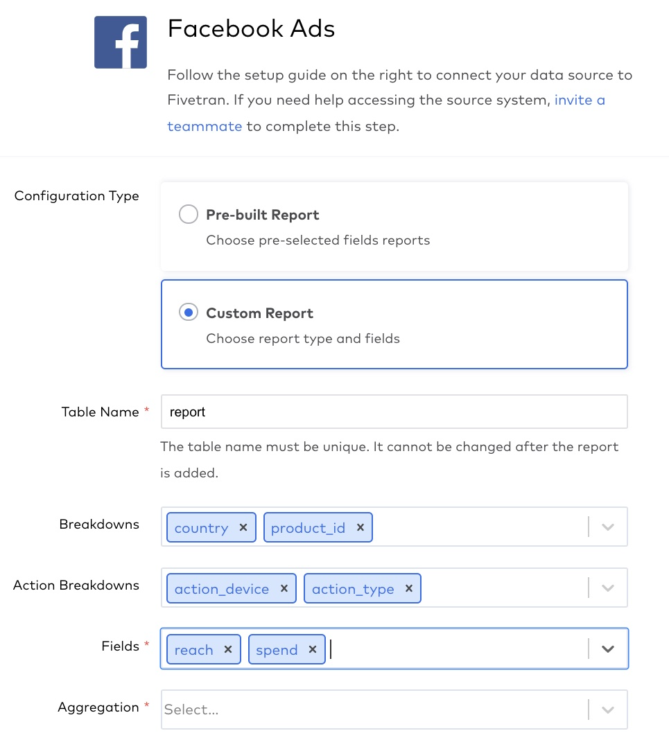 Facebook Ads custom report config