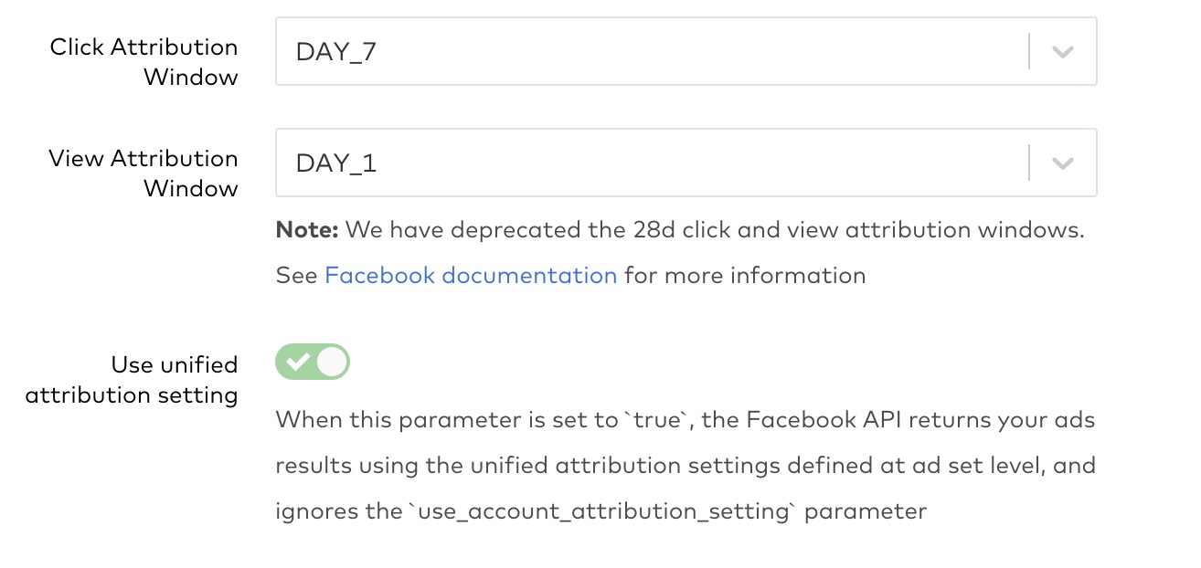 Facebook Ads setup form attribution windows