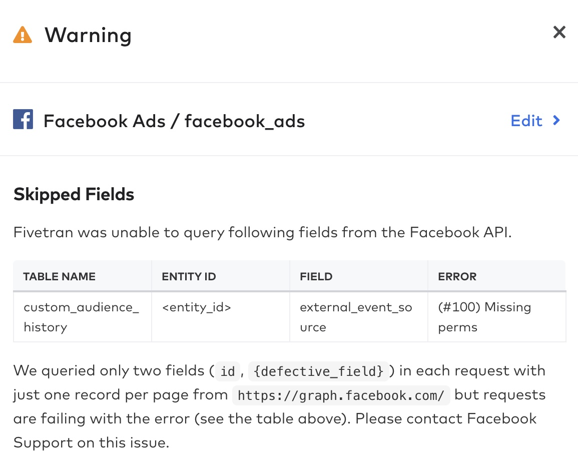 Facebook Ads failed jobs warning
