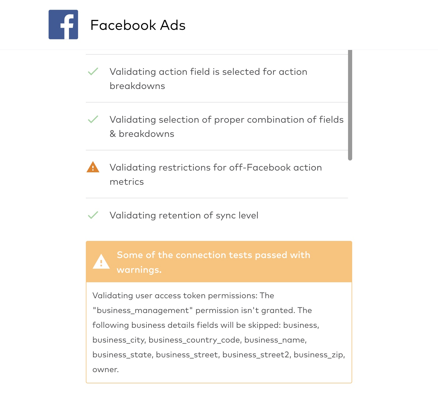 Facebook Ads token setup test warning