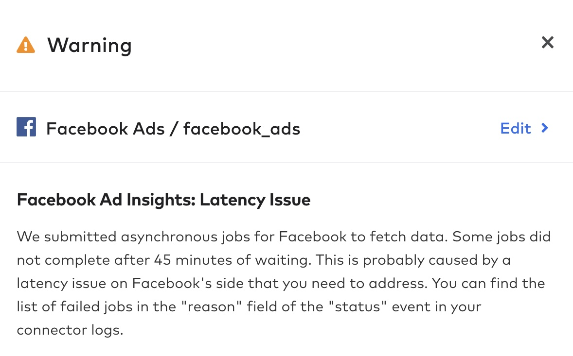 Facebook Ads failed jobs warning