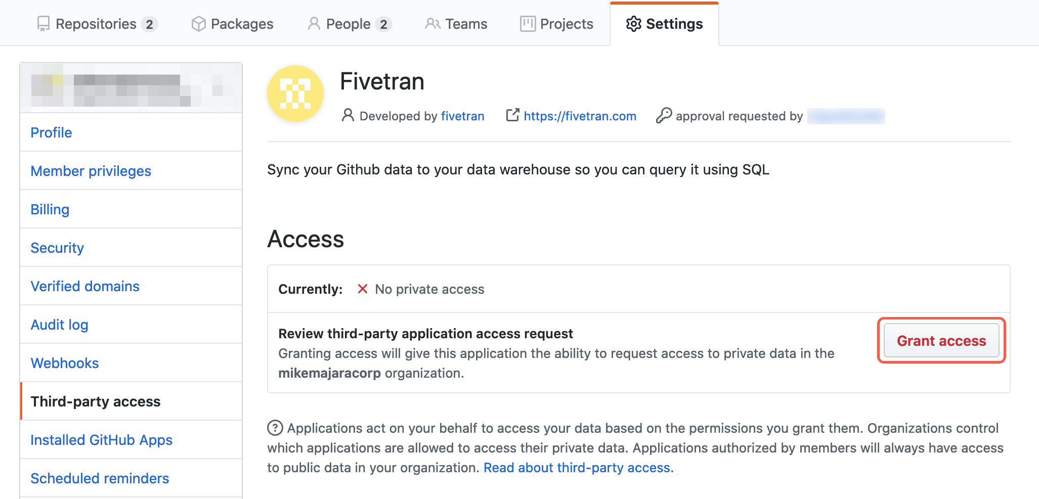 Click Grant access to Fivetran