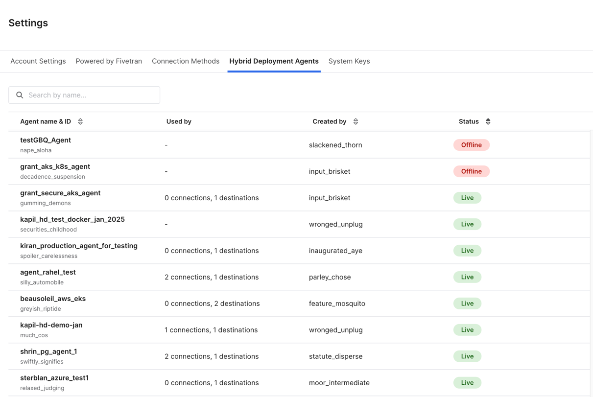 Hybrid Deployment Agents tab