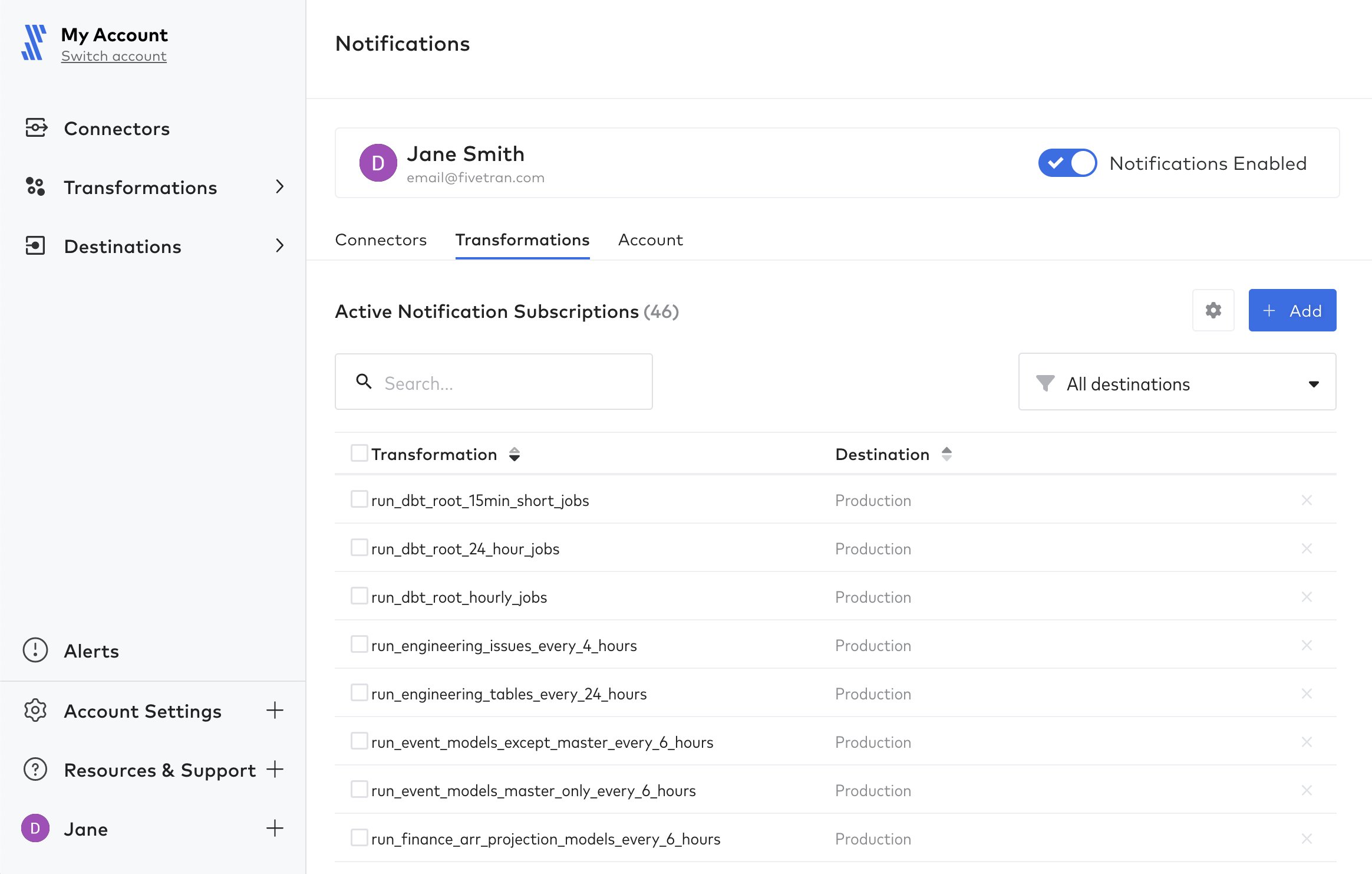 Notification subscriptions on transformations tab