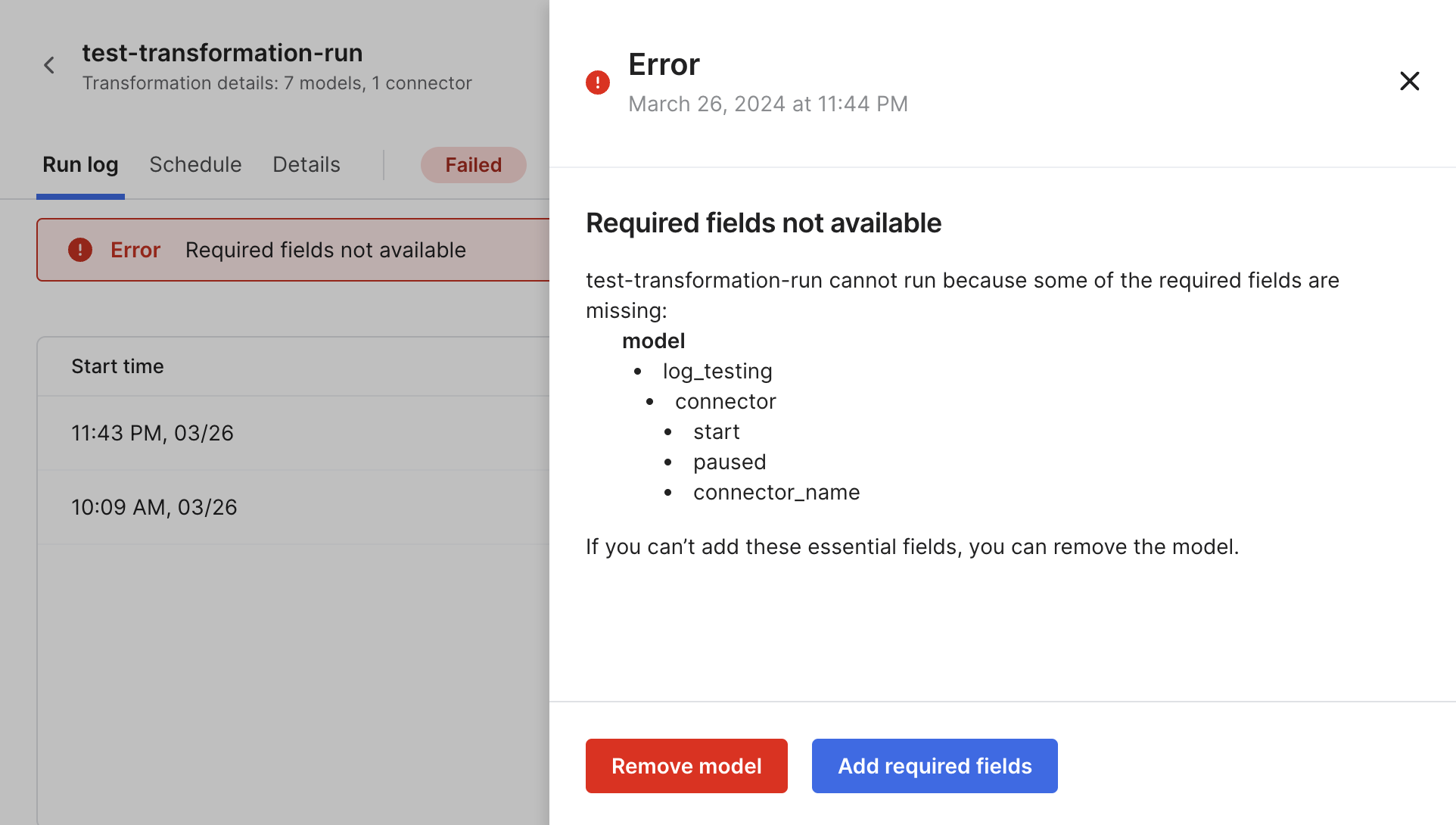 Required fields not available error