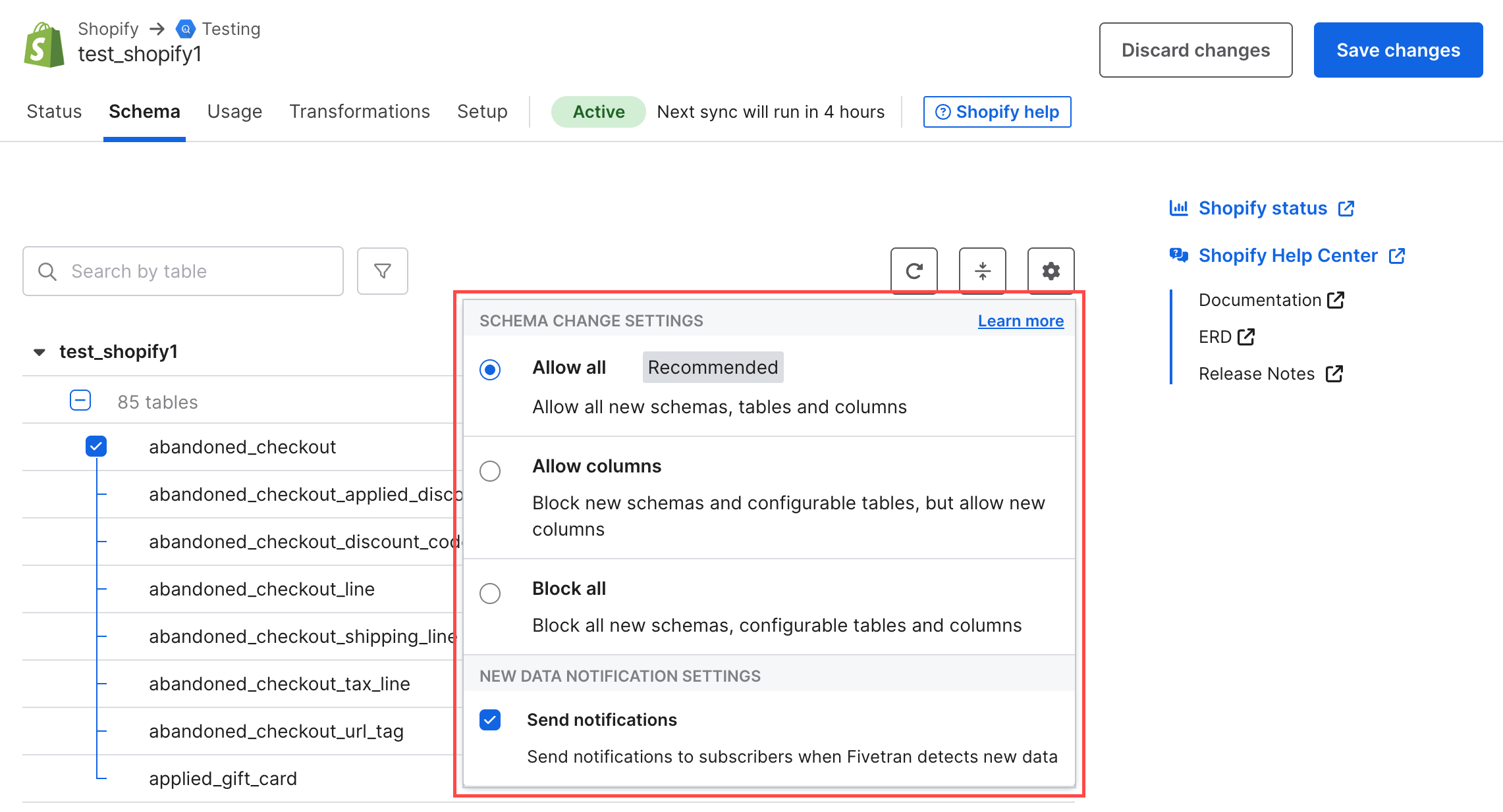 Schema tab change settings