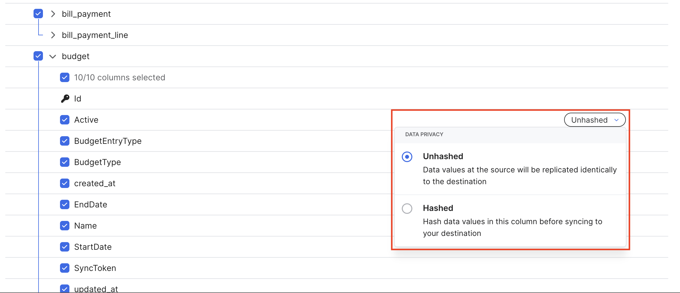 Schema tab hash a column