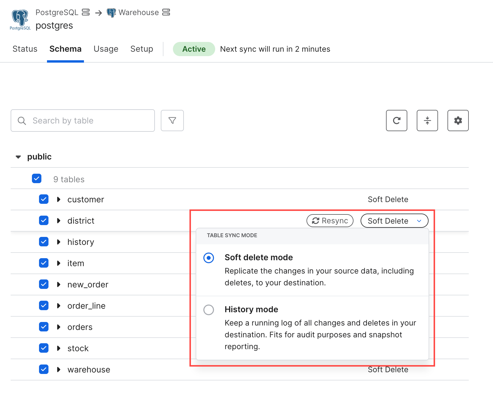 Schema tab display table's sync mode