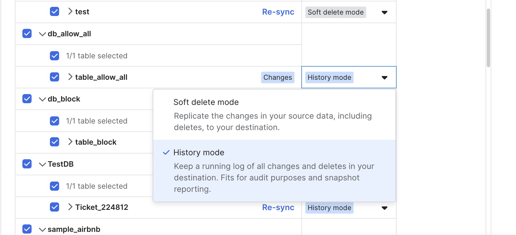 Schema tab display table's sync mode