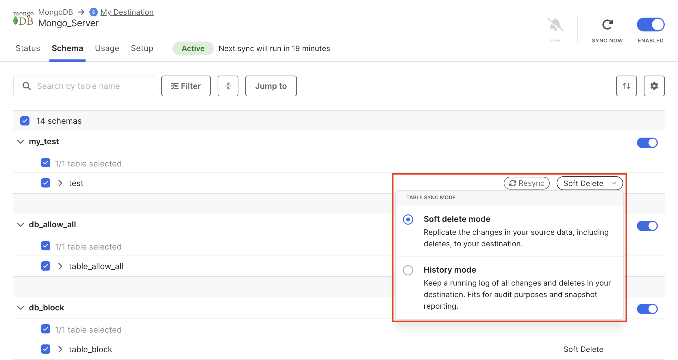 Schema tab display table's sync mode