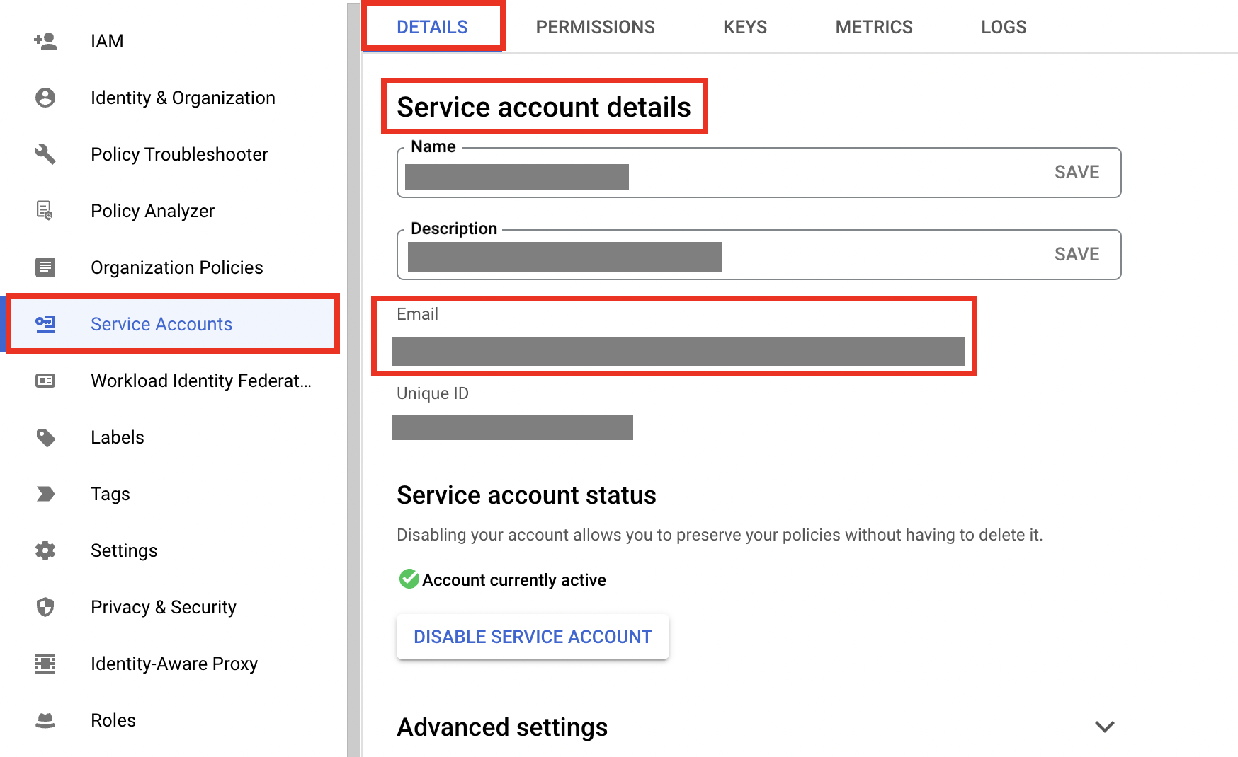 Find service account ID in Google Console