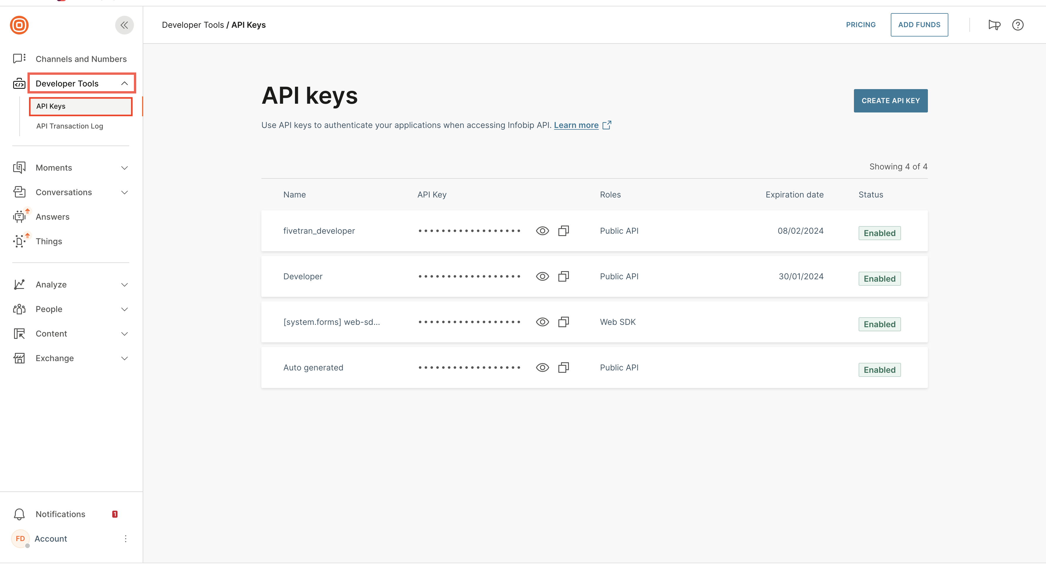 Click Developer Tools API Keys