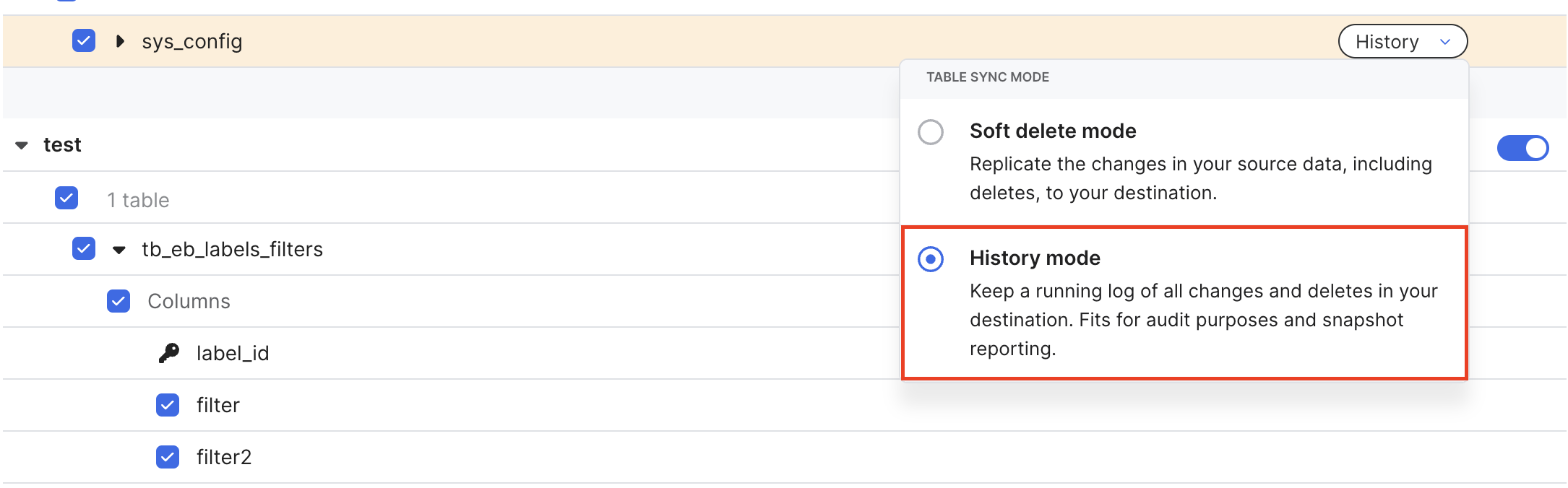 Toggle history for tables