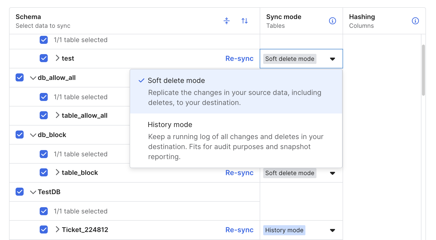 Switch to history mode for tables