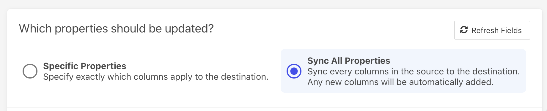 The Which properties should be updated prompt with two options, Specific Properties and Sync All Properties. Sync All Properties is selected.