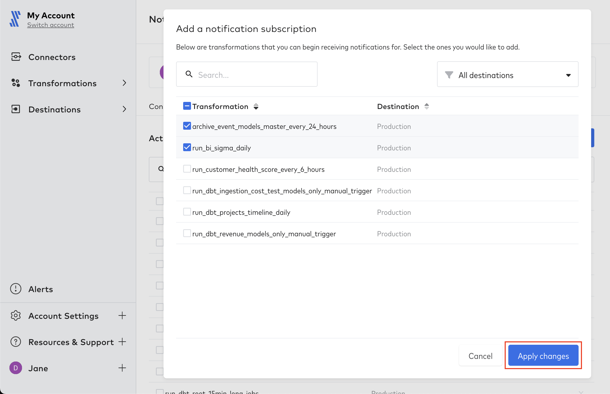 Add transformations to notification subscription