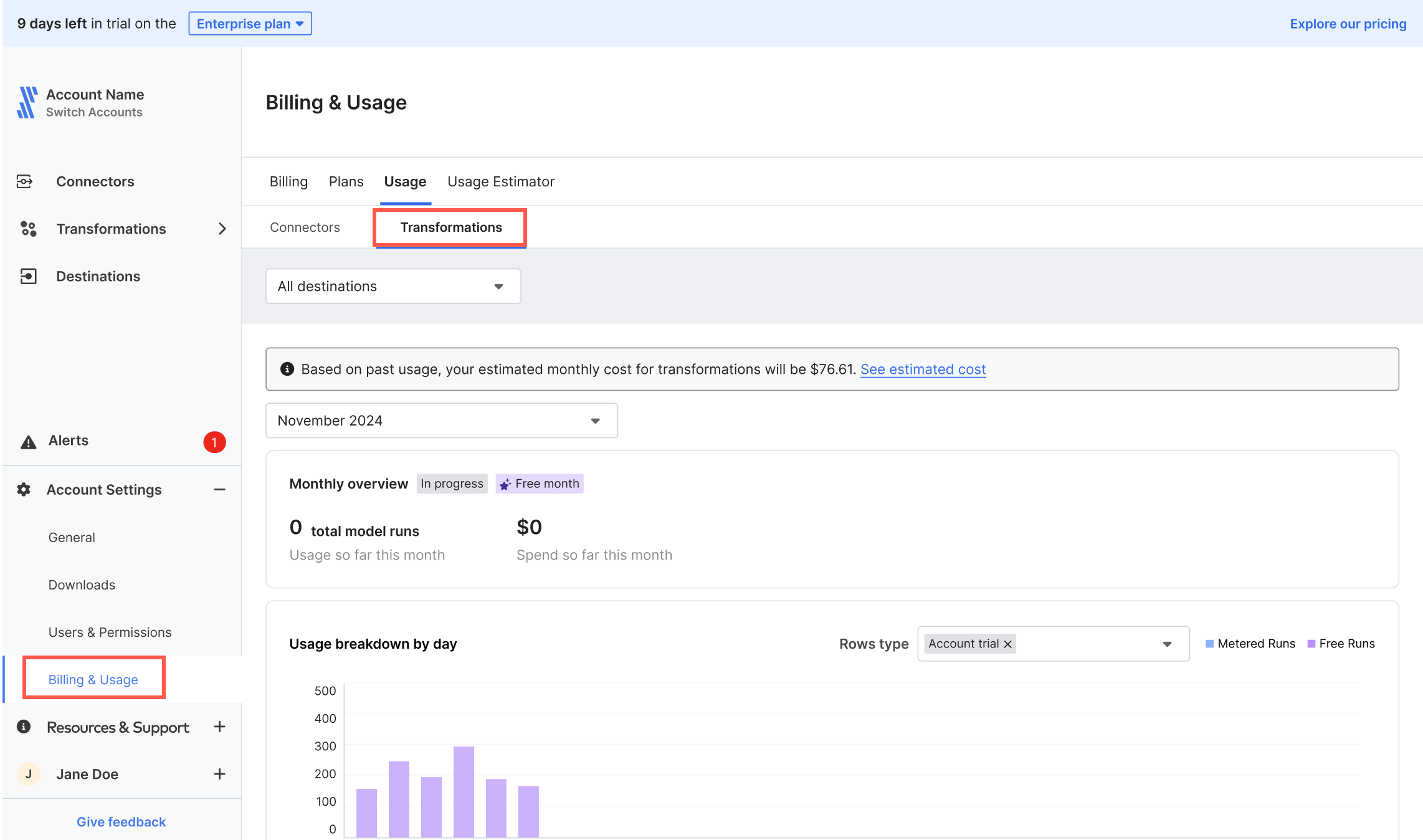 transformations pricing and usage page