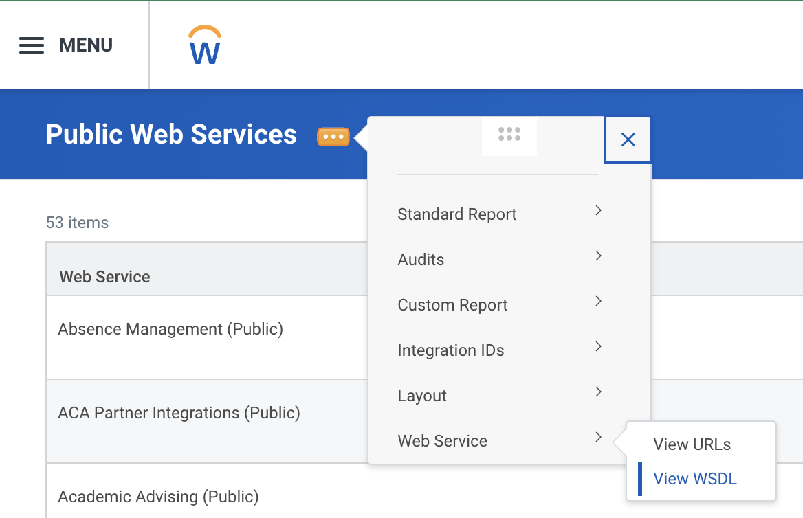 Public Web Services drop-down menu options