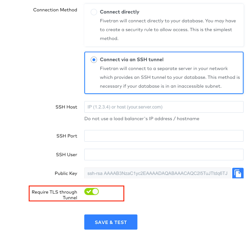 Warehouse setup page TLS tunnel